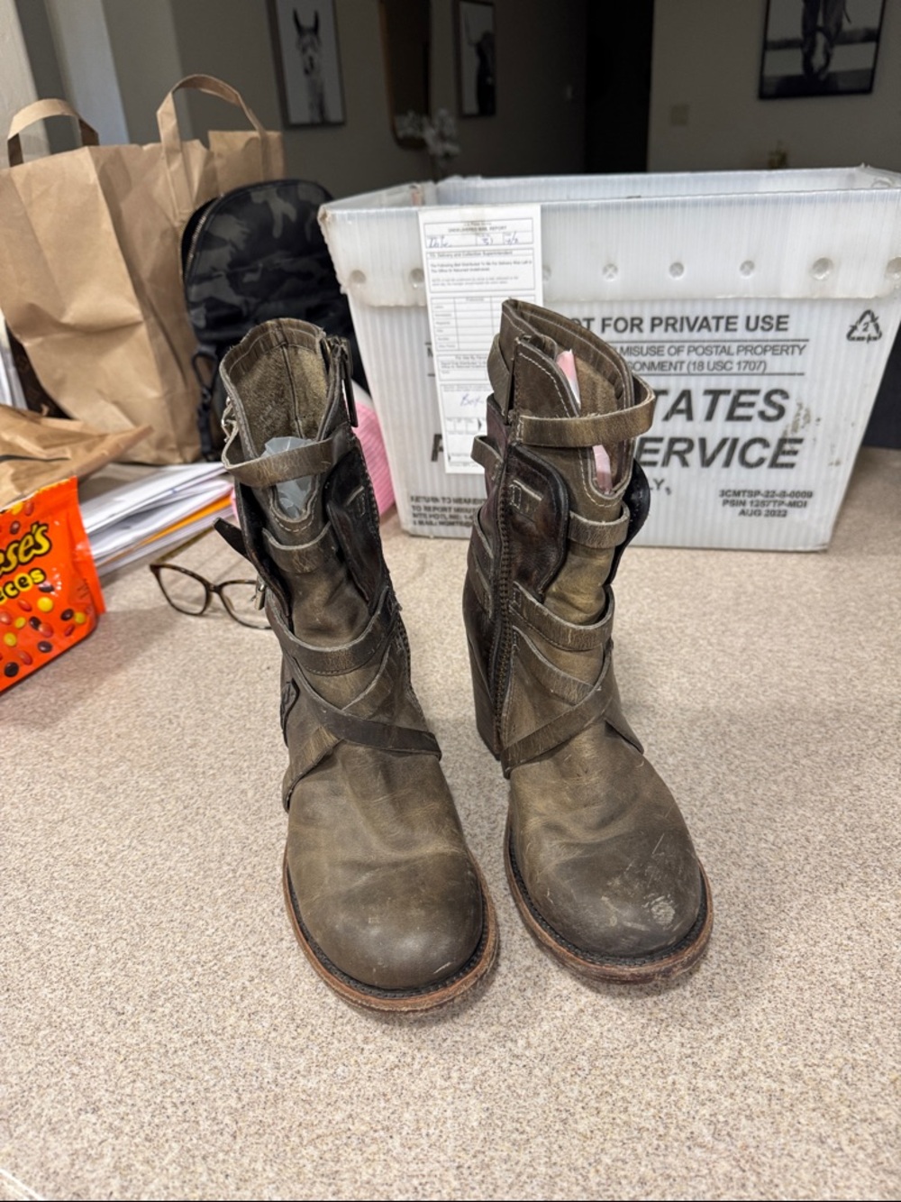 freebird Distressed Brown Leather Buckle Heeled Ankle Boots - Picture 3 of 7